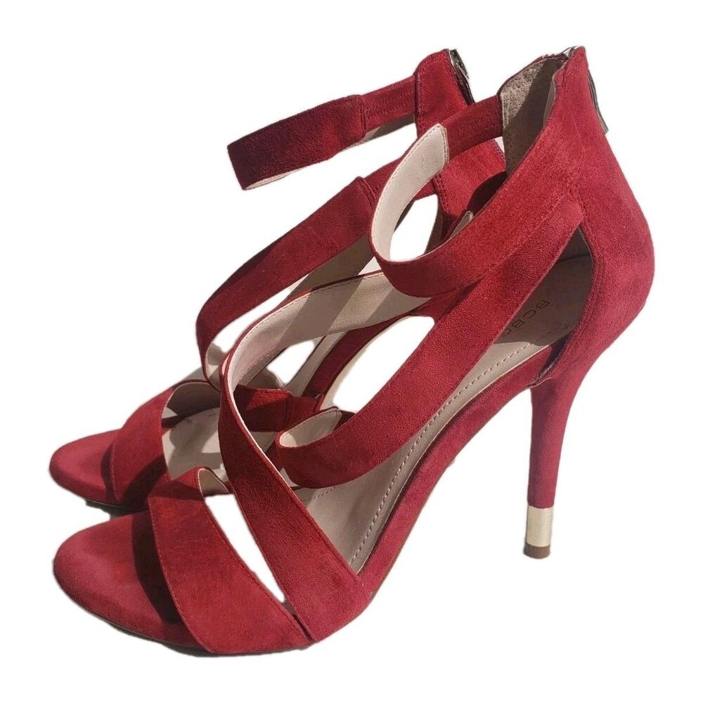 BCBGMAXAZRIA Red Suede High Heel Strappy Open Toe Women 10B Shoes Gold Spike